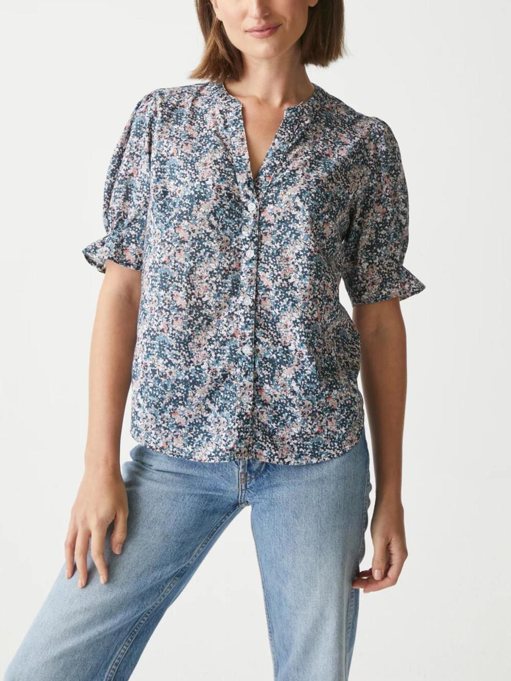 Michael Stars Alessa Floral Blouse Ruffle Puff Sleeve Cotton Button Up Shirt M